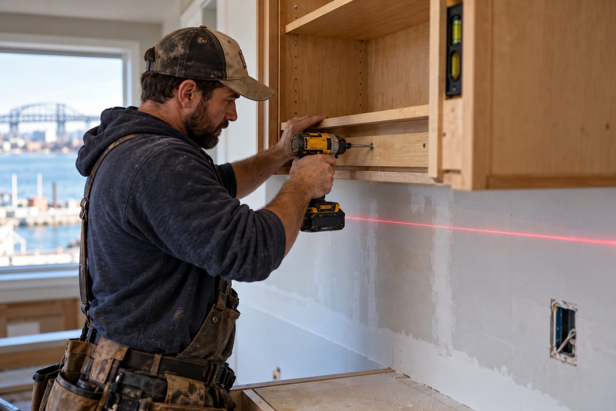 Installing wall cabinets along a precision laser level line.