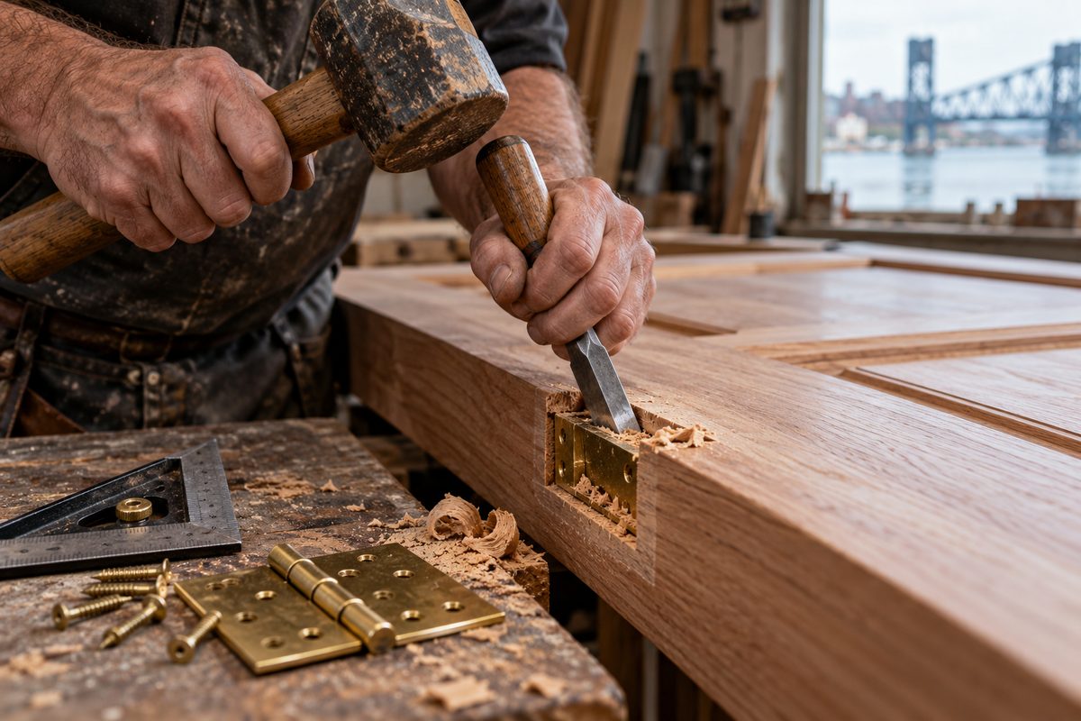 Handyman chiseling a hinge mortise into an interior timber door.