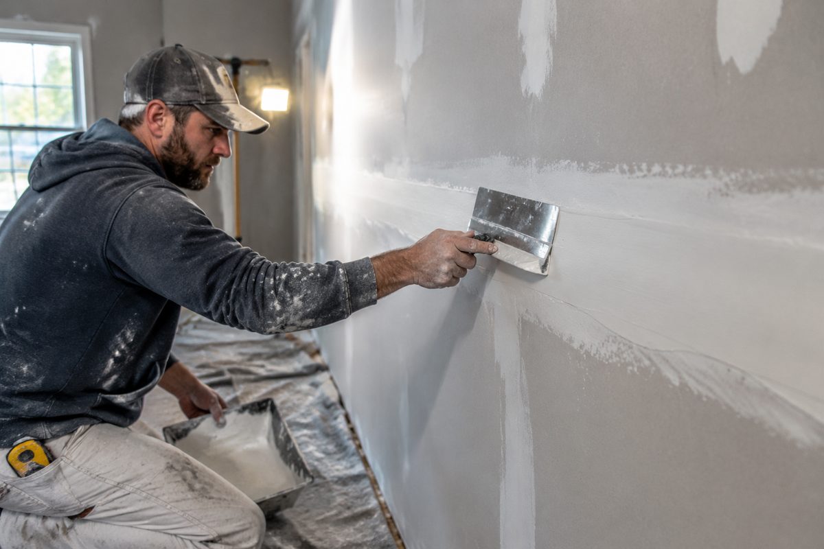 Drywall technician feathering joint compound over patched sheetrock.