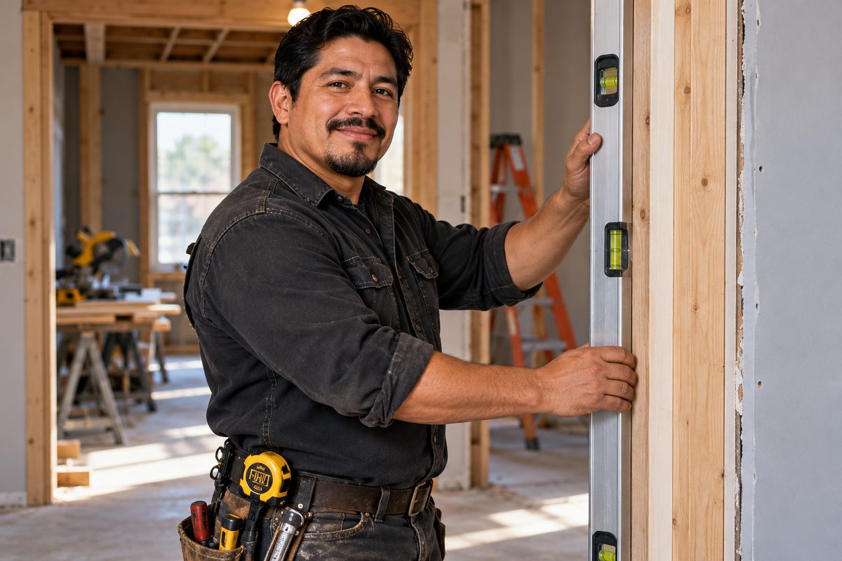 Edgar A. Ospina checking door frame plumb with a four-foot box level.