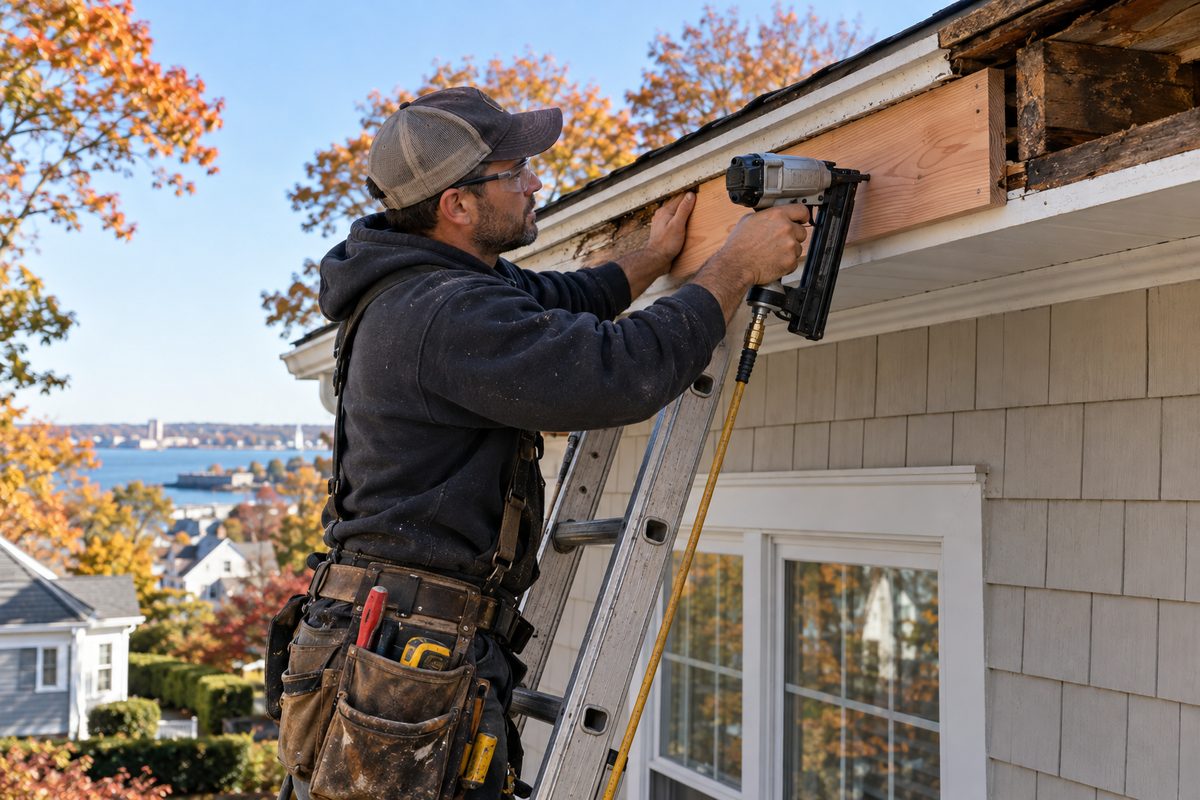 Repairing exterior roofline fascia and trim on an extension ladder.
