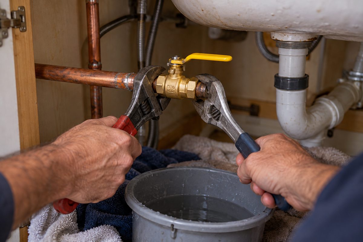 Plumber replacing corroded water supply shutoff with brass ball valve.