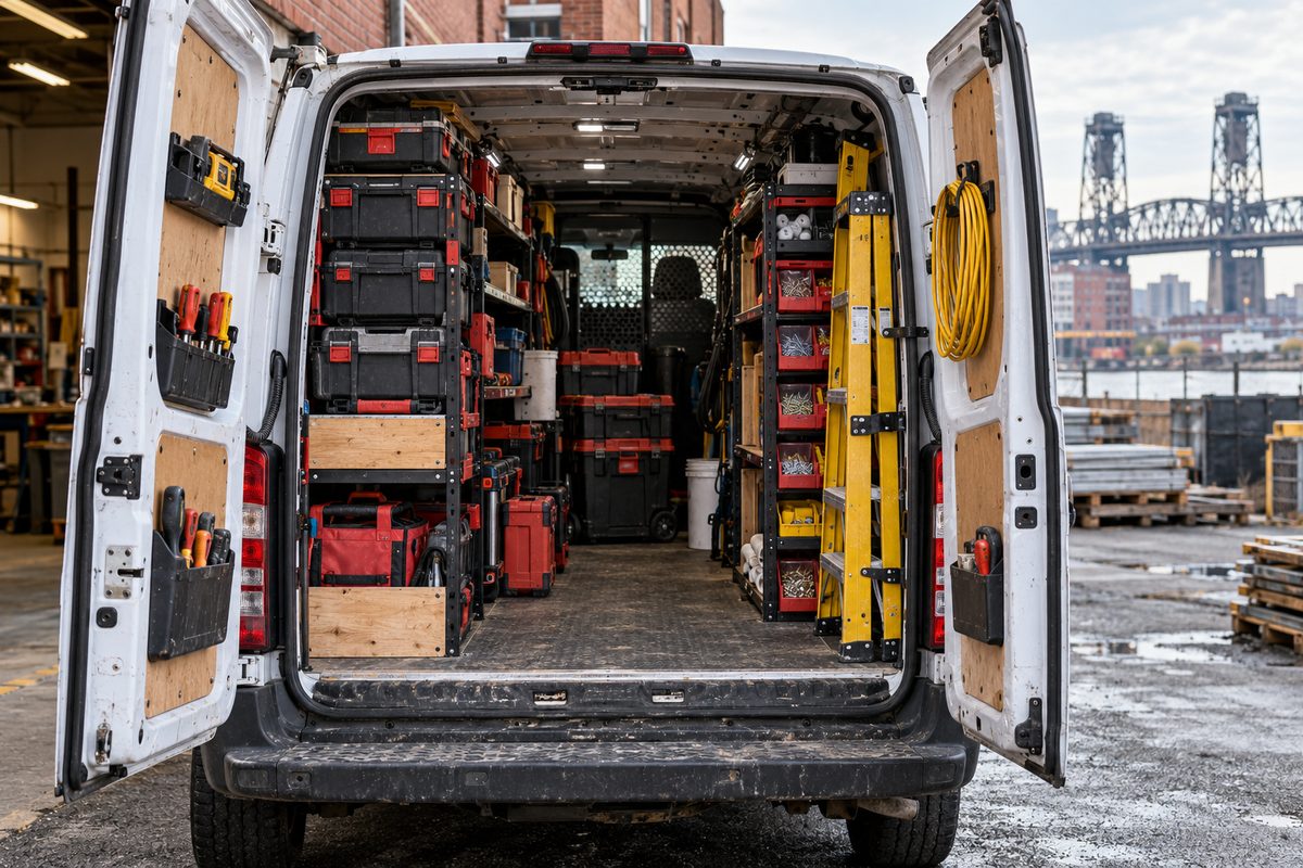 Professional tool staging and modular hardware storage inside work van.